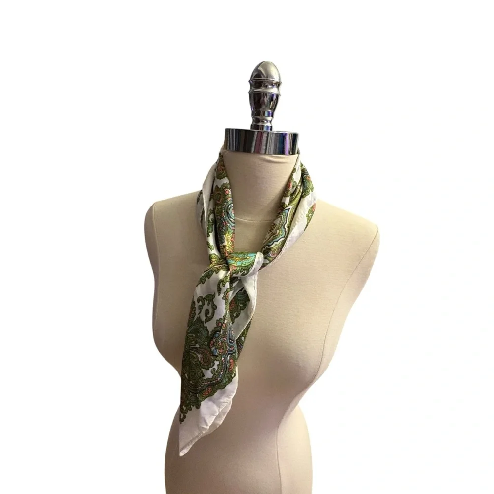 5 for $40 Vintage White Green Paisley Square Scarf